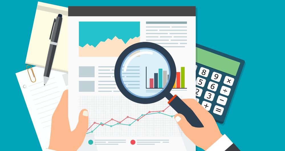 Business analyst, financial data analysis. Businessman with magnifying glass is looking financial reports.