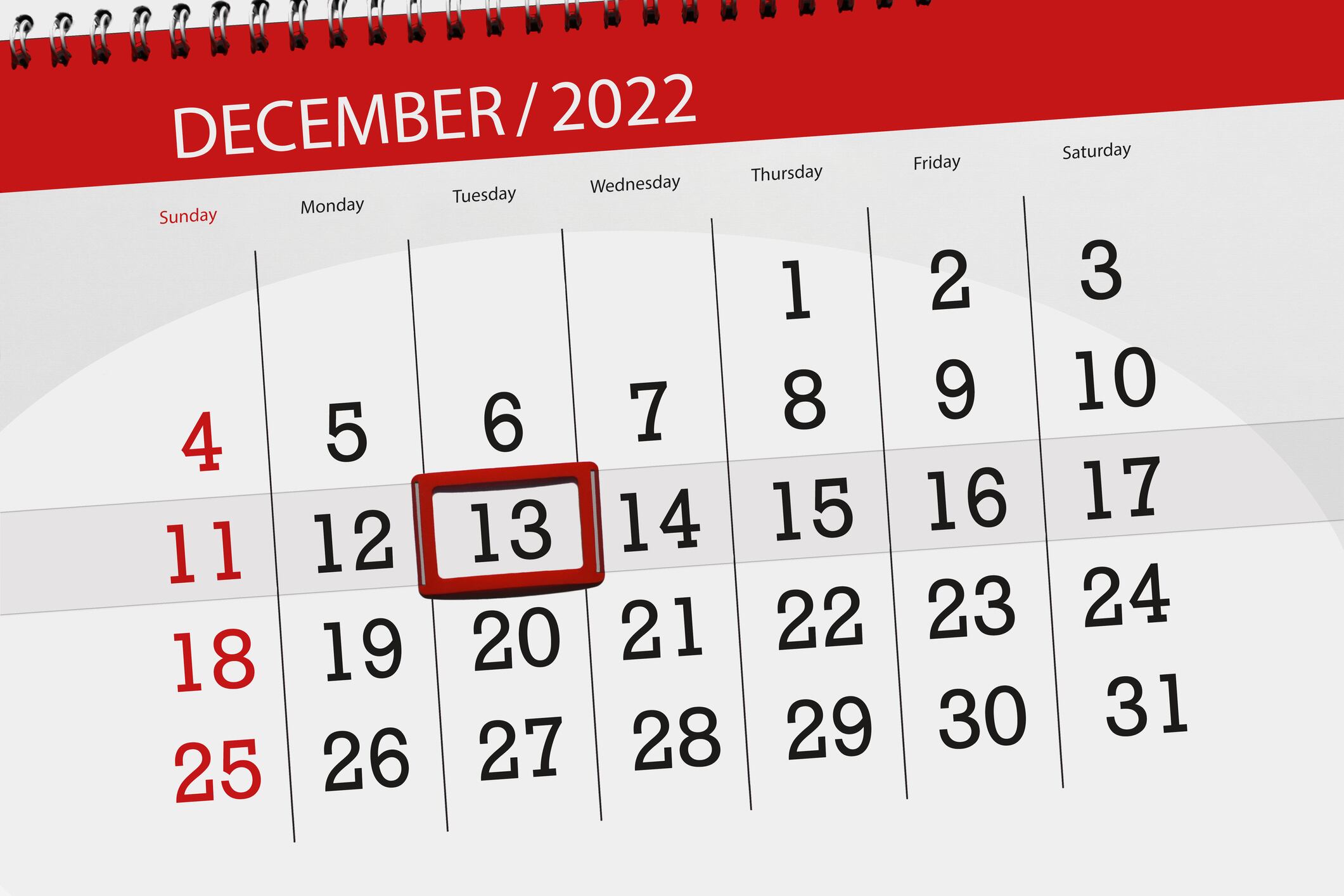 Calendario 2022 con el martes 13 de diciembre marcado