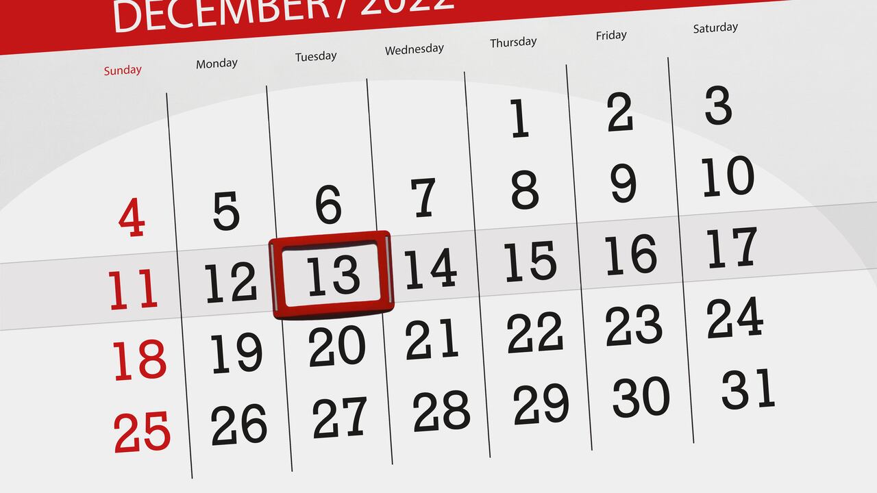 Calendario 2022 con el martes 13 de diciembre marcado