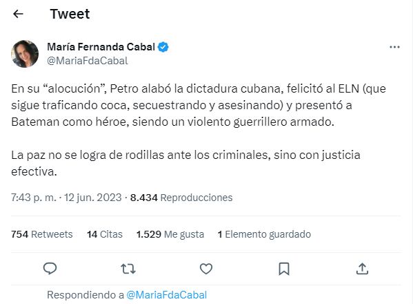 Twitter senadora María Fernanda Cabal