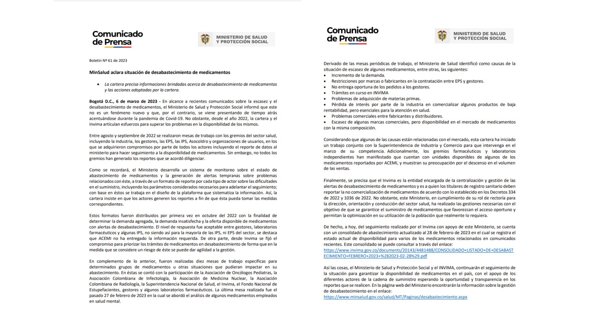 Comunicado del Ministerio de Salud y Protección Social sobre la escasez de medicamentos.