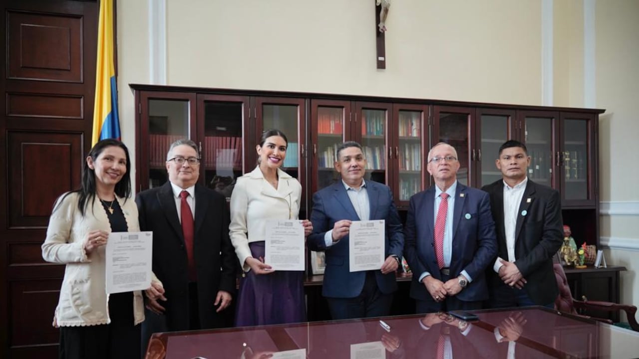La representante Saray Robayo junto con congresistas de otras colectividades que respalda la iniciativa. El secretario general de la Cámara, Jaime Luis Lacouture, recibió el proyecto de ley.
