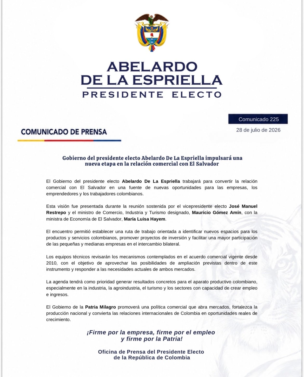 Comunicado equipo del presidente electo Abelardo De La Espriella.