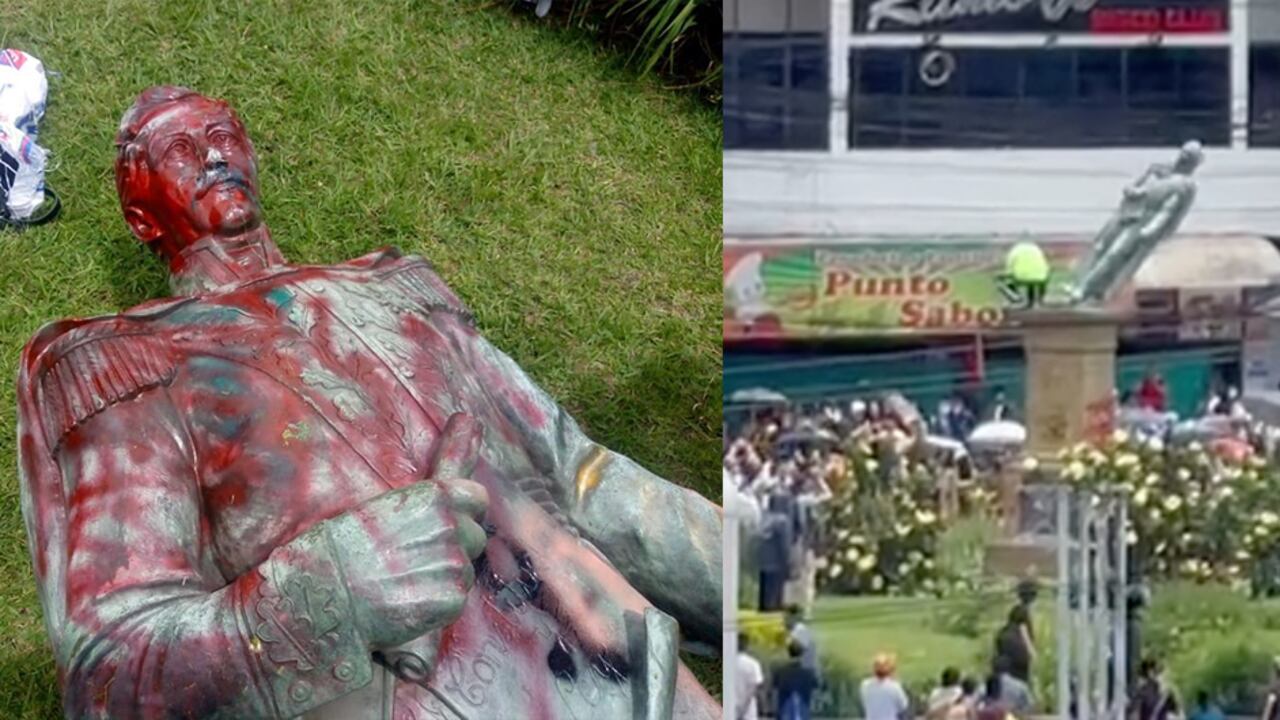 Manifestantes derribaron la estatua de Francisco de Paula Santander en el centro de Popayán, Cauca.