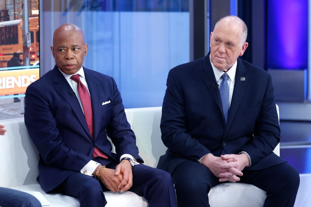 NEW YORK, NEW YORK - FEBRUARY 14: New York City Mayor Eric Adams and Tom Homan Director of the U.S. Immigration and Customs Enforcement  visits "Fox & Friends" at Fox News Channel Studios on February 14, 2025 in New York City. (Photo by John Lamparski/Getty Images)