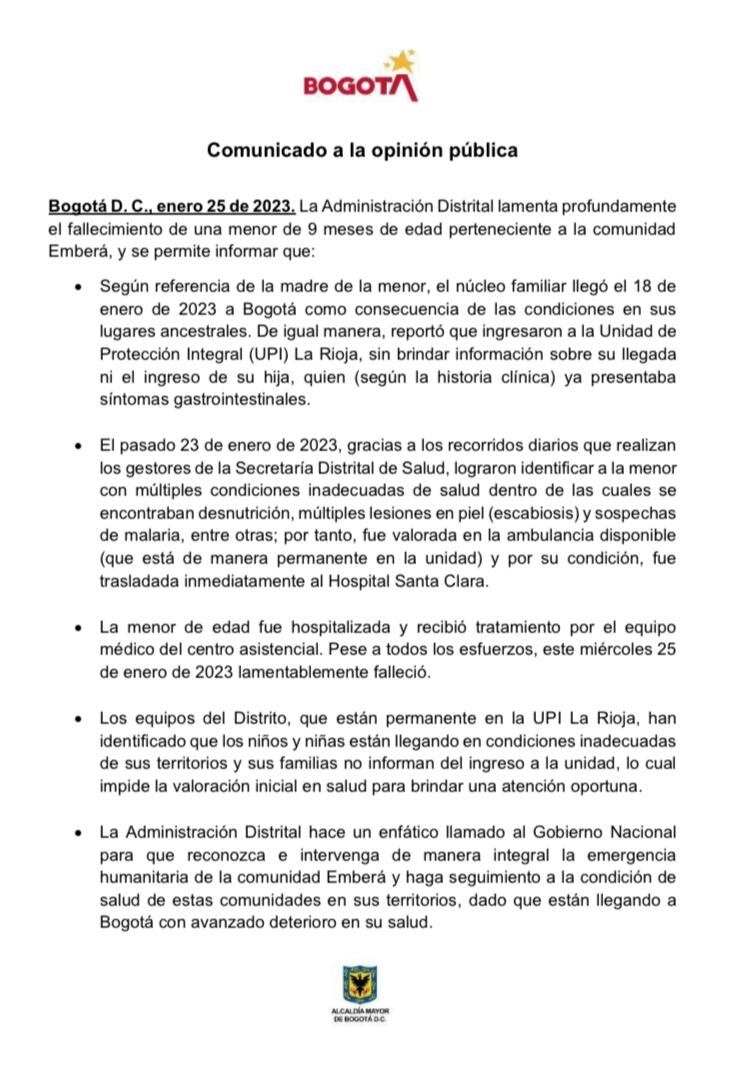 Comunicado de prensa confirmando la muerte de una menor de 9 meses.