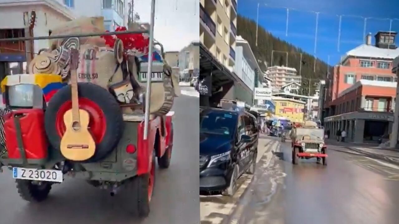 El vehículo lleva en la parte trasera varios objetos representativos de Colombia.