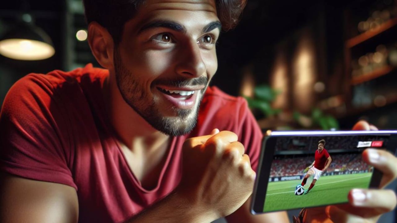 Imagen creada con IA de persona viendo futbol online.