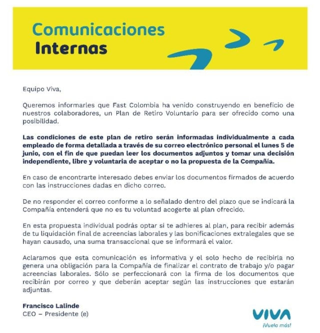La empresa Viva Air informó del retiro voluntario a sus empleados.