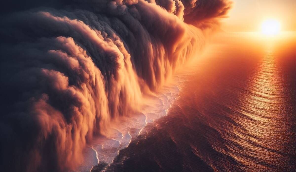 Ilustración, creada con IA, de una Tormenta de polvo viajando sobre el océano