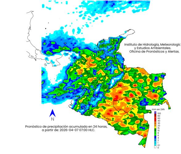 Pronóstico Martes 7 de abril. La escala de colores indica la cantidad de
Precipitación acumulada (en milímetros).