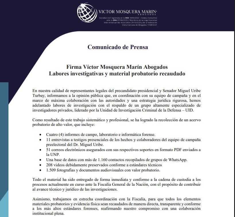 Comunicado sobe pruebas en caso de Miguel Uribe.