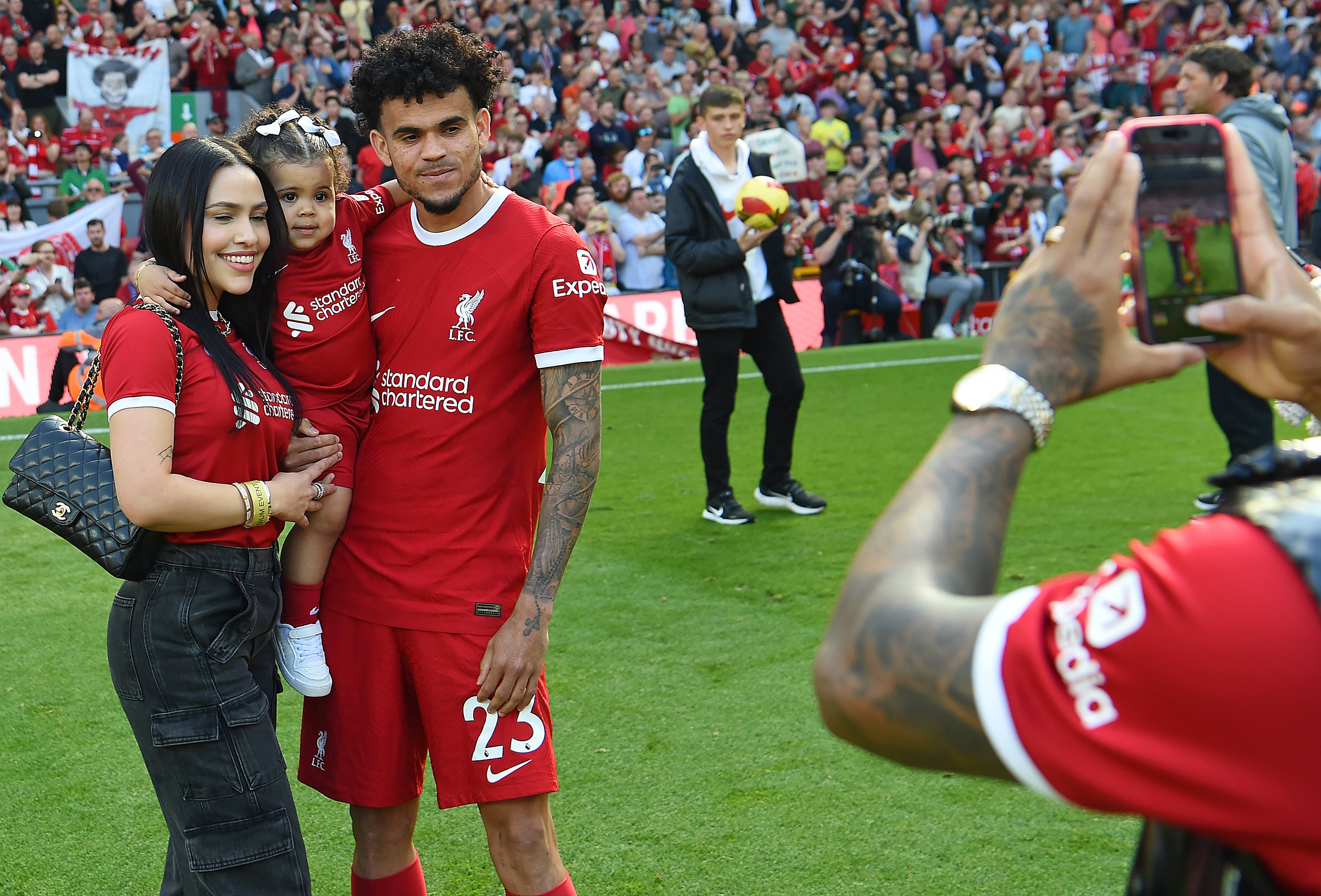 LIVERPOOL, ENGLAND - MAY 20: (THE SUN OIUT. THE SUN ON SUNDAY OUT) Luis Diaz of Liverpool at end of the Premier League match between Liverpool FC and Aston Villa at Anfield on May 20, 2023 in Liverpool, England. (Photo by John Powell/Liverpool FC via Getty Images)