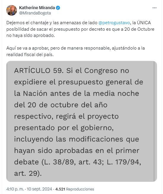 Trino de Katherine Miranda sobre el Presupuesto General de la Nación 2025.