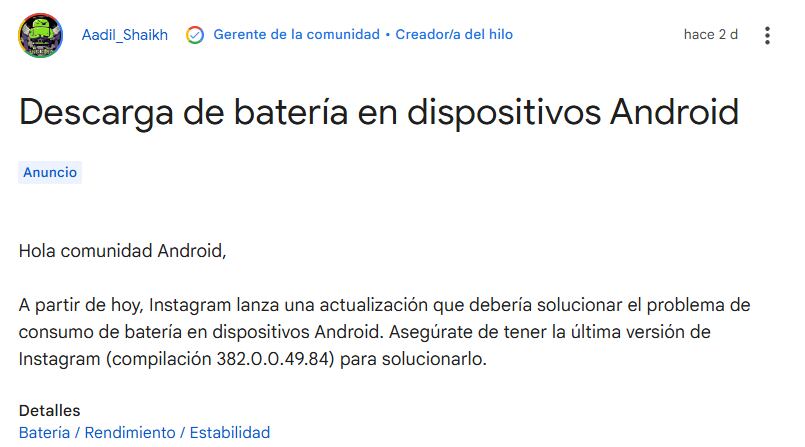 Una notificación oficial de Google instó a instalar la actualización 382.0.0.49.84 de Instagram para evitar descargas anormales de batería.