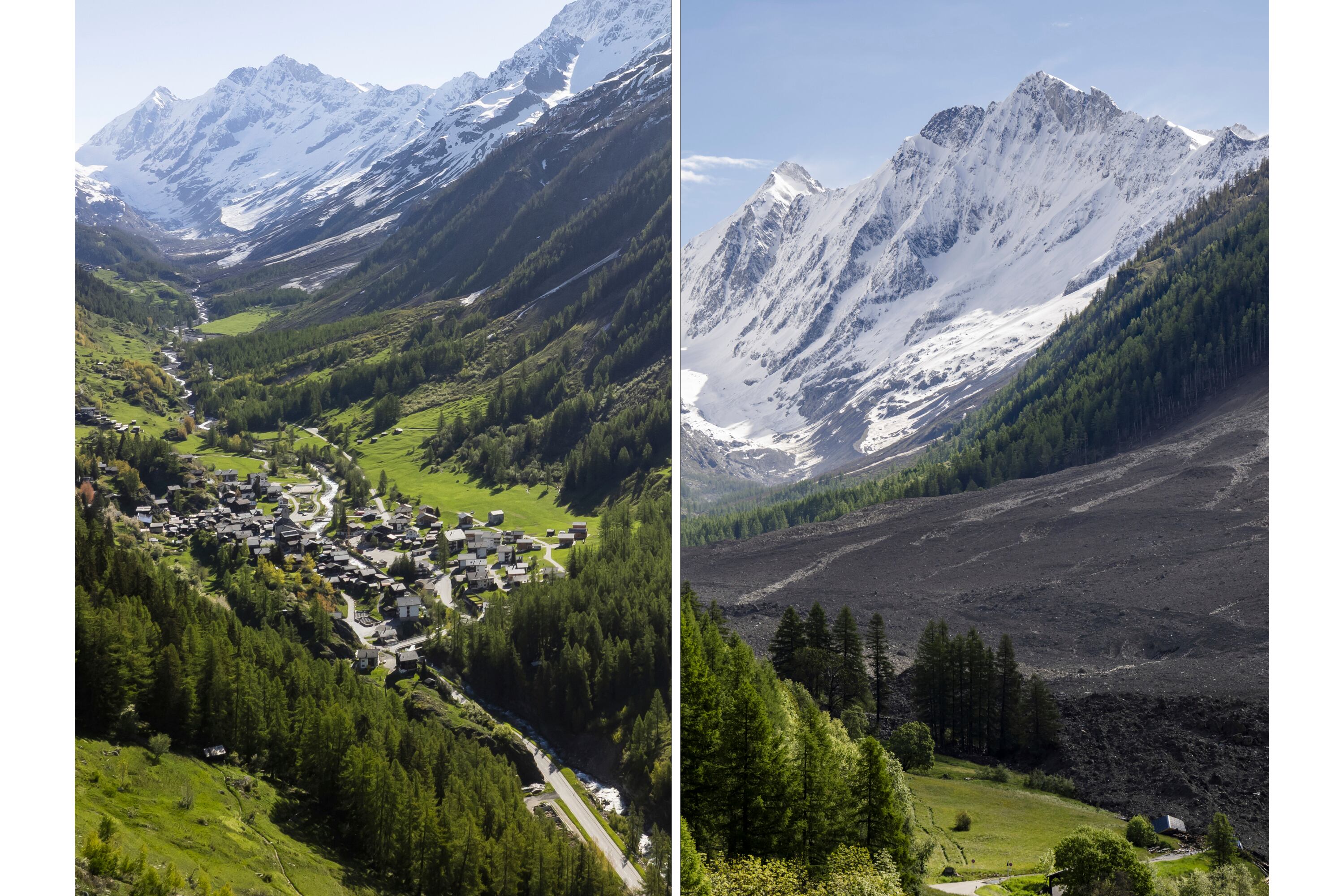 Combinación de fotos que muestra a la aldea de Blatten en Suiza: a la izquierda el 18 de mayo del 2025 y a la derecha luego del deslave tras el colapso del glaciar Birch el 29 de mayo del 2025. . (Cyril Zingaro y Jean-Christophe Bott/Keystone via AP)