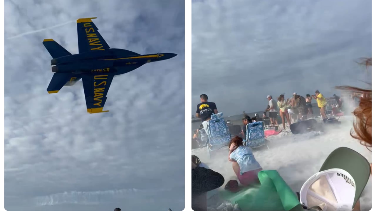 La pasada a baja altura levantó arena y sorprendió a decenas de personas que disfrutaban del día en la playa.