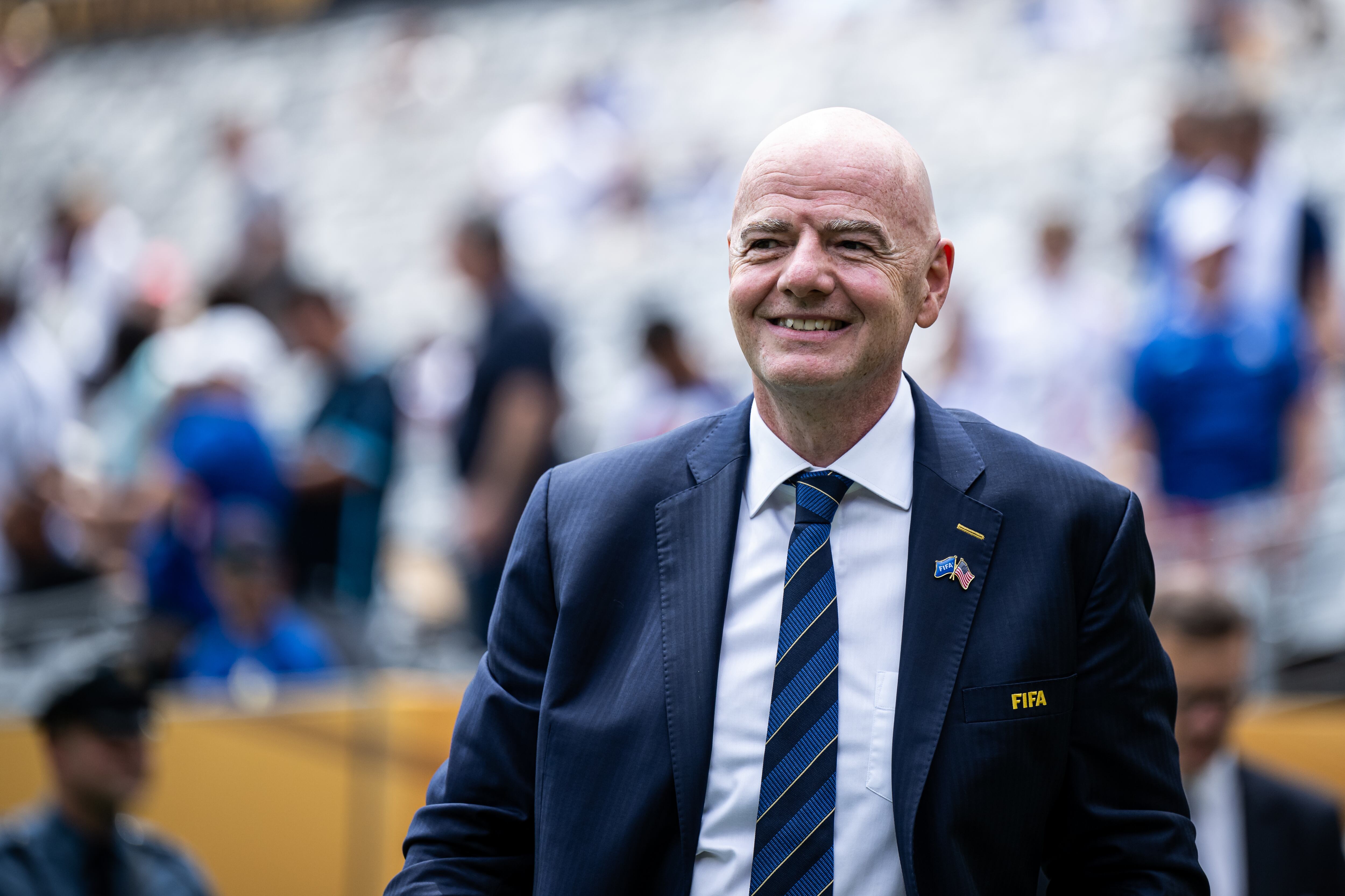 EAST RUTHERFORD, NEW JERSEY - JULY 13: FIFA-President Gianni Infantino looks on prior to the FIFA Club World Cup 2025 final match between Chelsea FC and Paris Saint-Germain at MetLife Stadium on July 13, 2025 in East Rutherford, New Jersey. (Photo by Marvin Ibo Guengoer - GES Sportfoto/Getty Images)