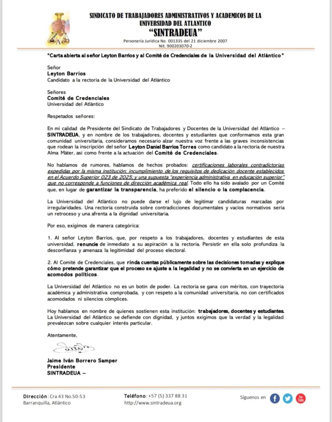 Sindicato de la Universidad del Atlántico pide la renuncia de Leyton Barrios.