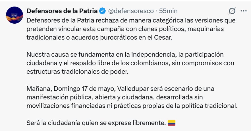 El movimiento Defensores de la Patria se pronunció sobre versiones que pretenden vincular la campaña de Abelardo de la Espriella con clanes políticos de Cesar.