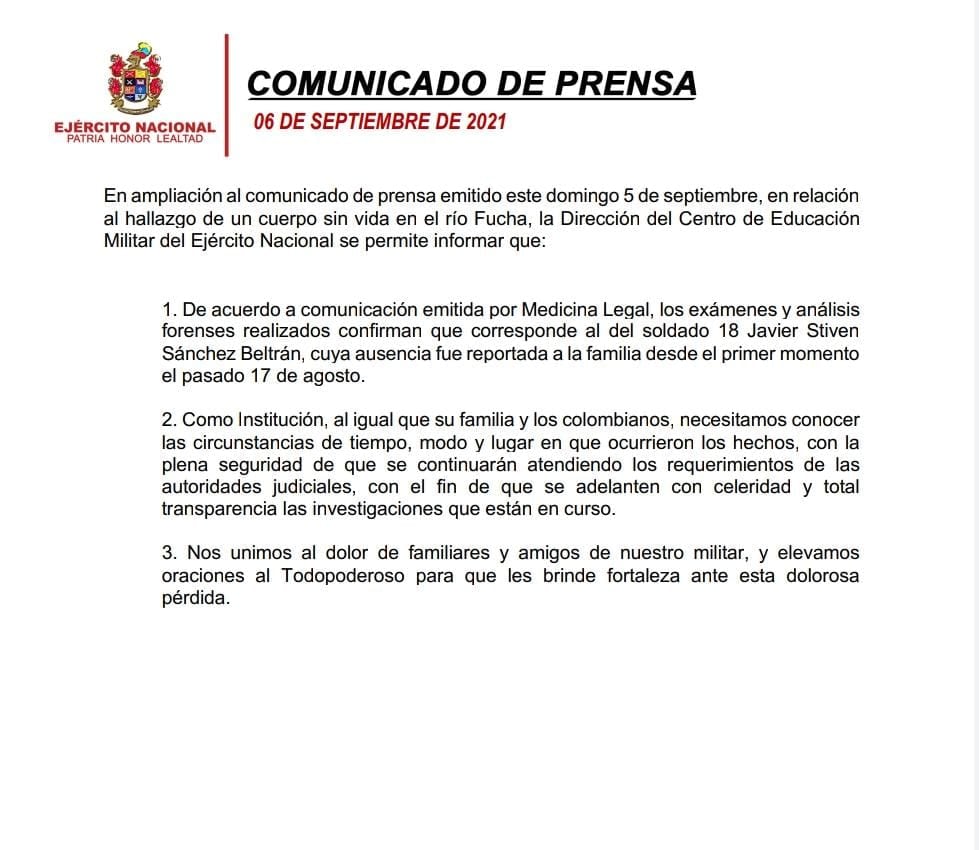 Comunicado del Ejército sobre muerte del soldado Javier Beltrán, en Bogotá.