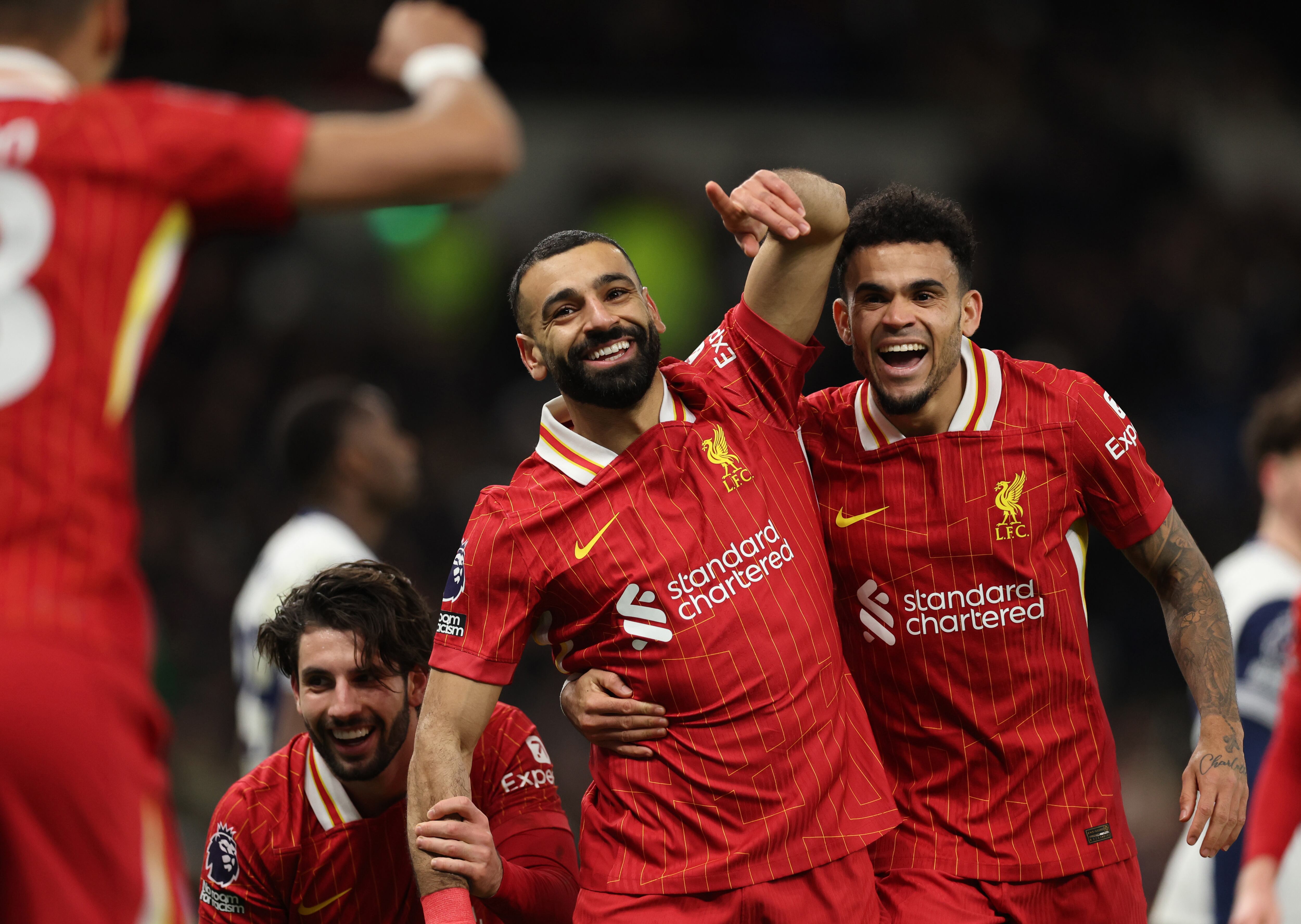 LONDON, ENGLAND - DECEMBER 22: Mohamed Salah of Liverpool celebrates after scoring a goal to make it 1-4 during the Premier League match between Tottenham Hotspur FC and Liverpool FC at Tottenham Hotspur Stadium on December 22, 2024 in London, England. (Photo by Catherine Ivill - AMA/Getty Images)