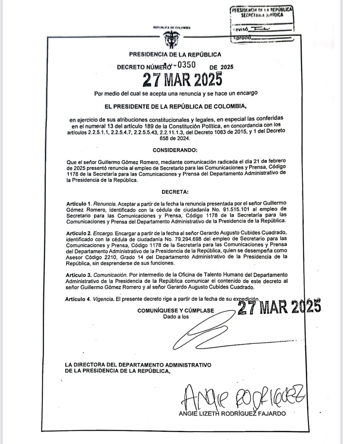 Decreto renuncia secretario de Prensa de la Casa de Nariño