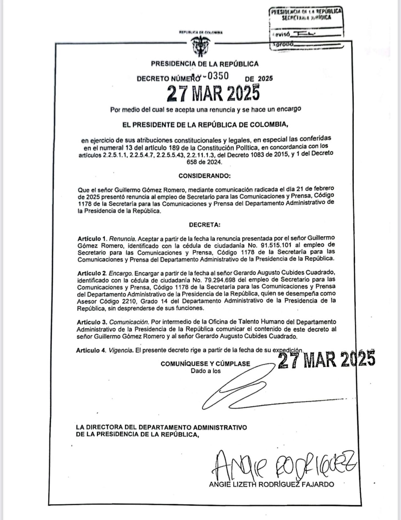 Decreto renuncia secretario de Prensa de la Casa de Nariño