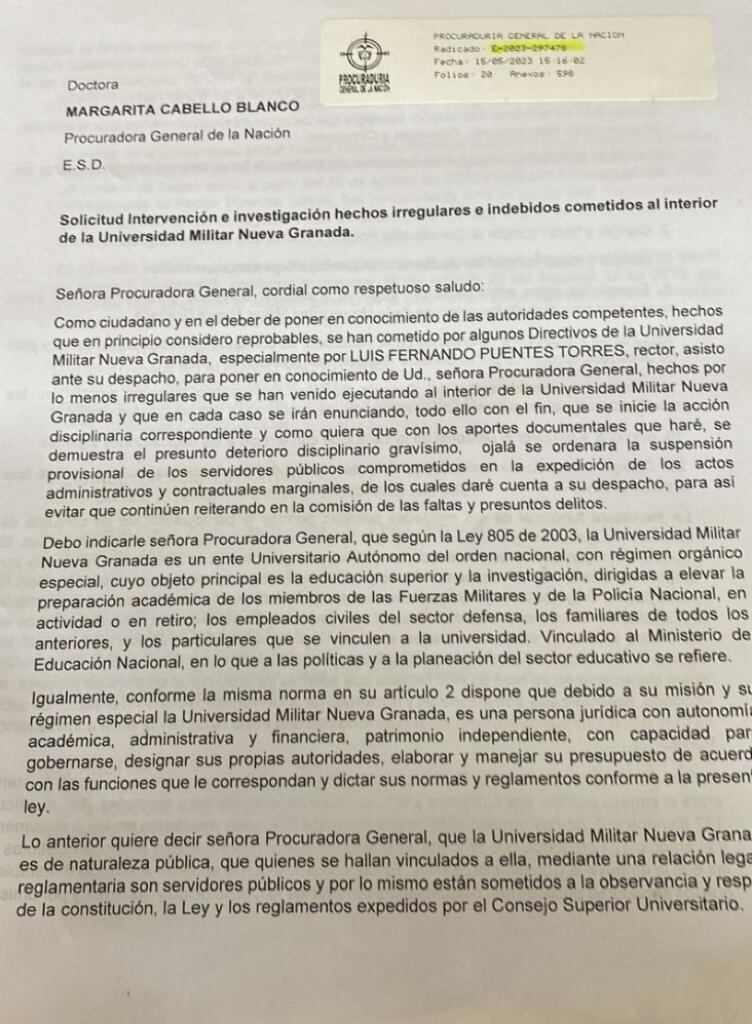 Denuncia formal por presuntos hechos de corrupción en la Universidad Militar Nueva Granada de Bogotá