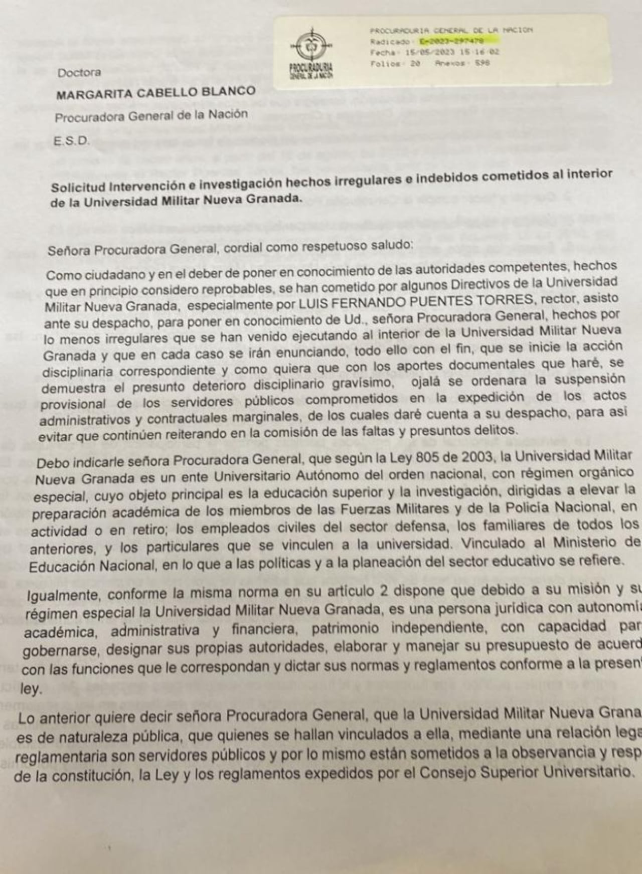 Denuncia formal por presuntos hechos de corrupción en la Universidad Militar Nueva Granada de Bogotá