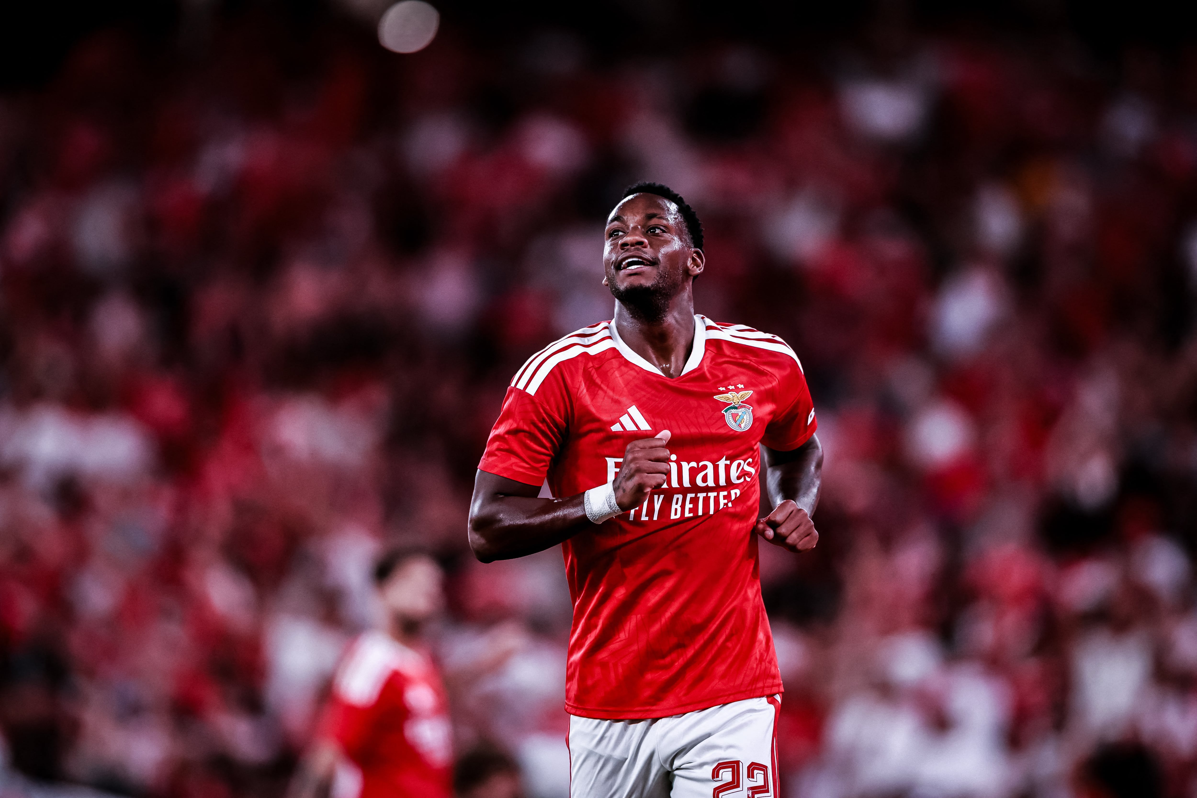 Jhon Duran of SL Benfica celebrates scoring his side's fifth goal of the match during the first leg of the UEFA Europa League Qualifier match between SL Benfica and Hearts of Midlothian F.C. at Estadio da Luz in Lisboa, Portugal, on August 6, 2026. (Photo by Rodrigo Moreira/NurPhoto) (Photo by Rodrigo Moreira / NurPhoto via AFP)