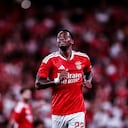 Jhon Duran of SL Benfica celebrates scoring his side's fifth goal of the match during the first leg of the UEFA Europa League Qualifier match between SL Benfica and Hearts of Midlothian F.C. at Estadio da Luz in Lisboa, Portugal, on August 6, 2026. (Photo by Rodrigo Moreira/NurPhoto) (Photo by Rodrigo Moreira / NurPhoto via AFP)