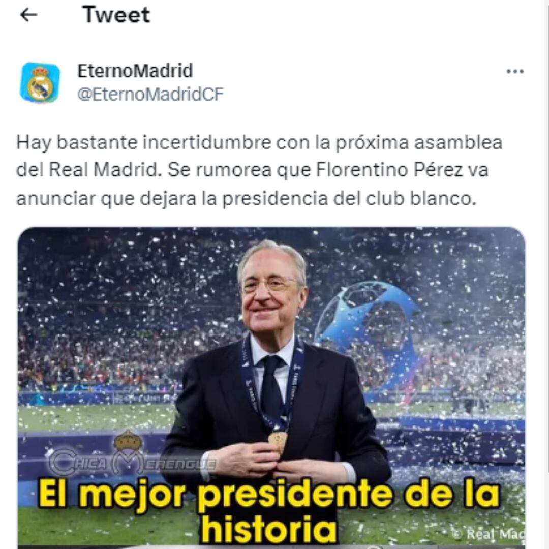 Tweet de uno de los rumores que aseguraban la posible salida de Florentino Pérez de la presidencia del club.