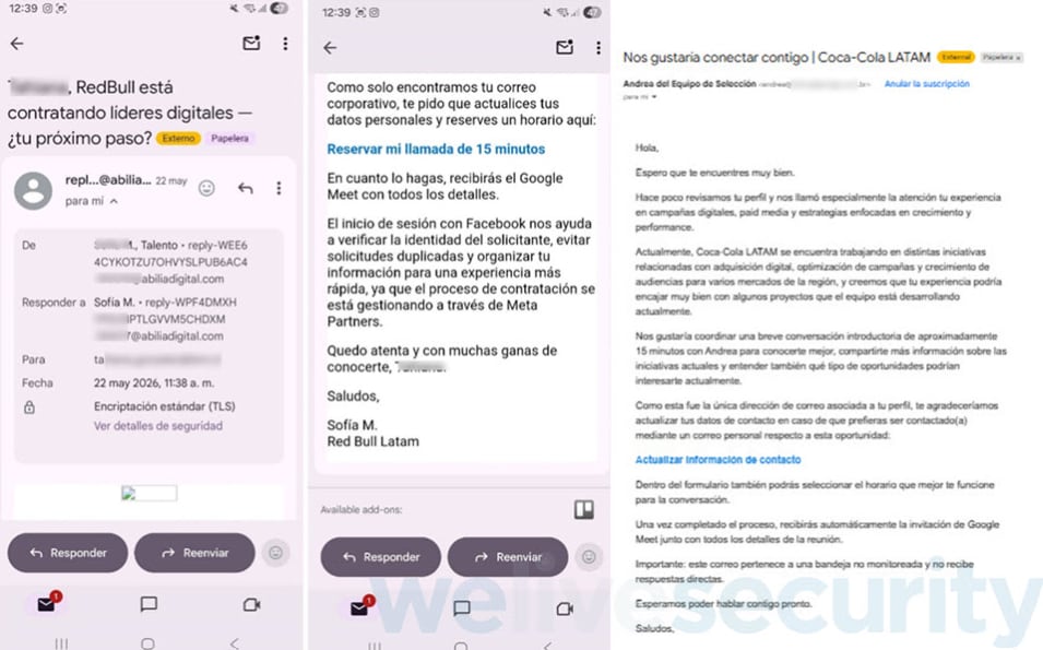 Entre las evidencias presentadas por ESET figuran correos que aparentan provenir de Red Bull y Coca-Cola.