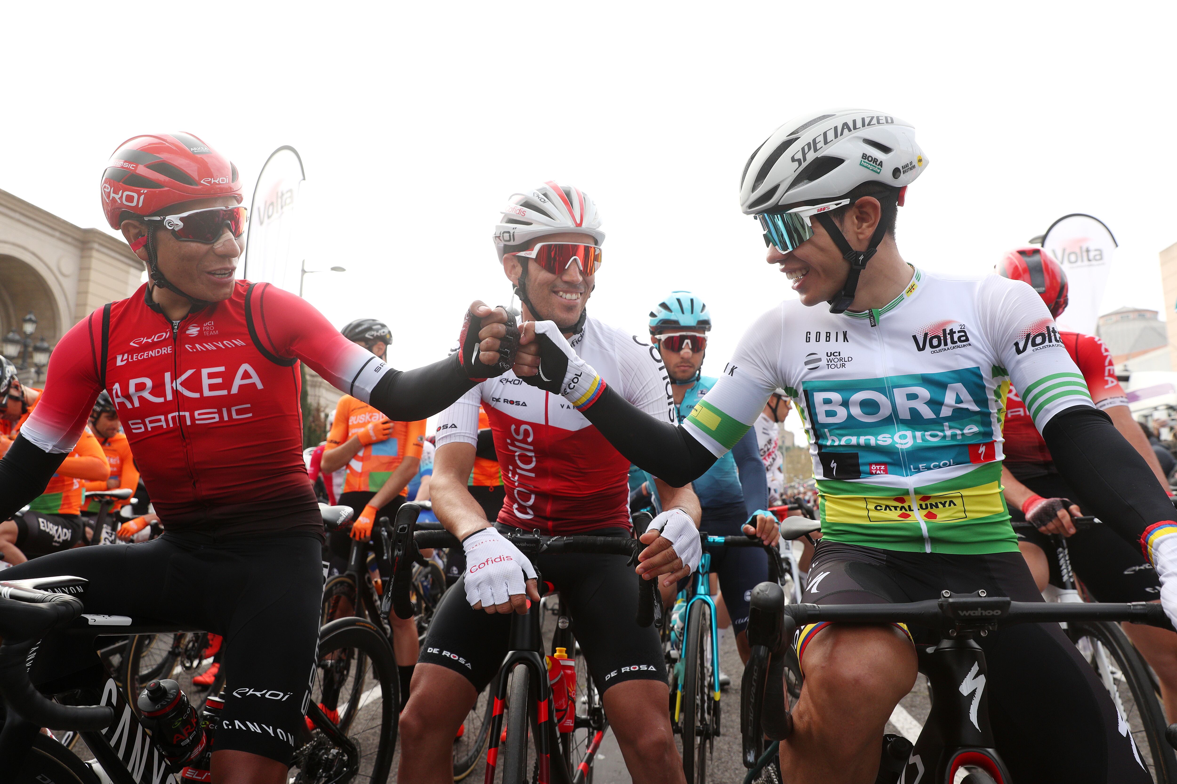BARCELONA, SPAIN - MARCH 27: (L-R) Nairo Alexander Quintana Rojas of Colombia and Team Arkéa - Samsic, José Herrada Lopez of Spain and Team Cofidis and Sergio Andres Higuita Garcia of Colombia and Team Bora - Hansgrohe green leader jersey during the 101st Volta Ciclista a Catalunya 2022 - Stage 7 a 138,7km stage from Barcelona to Barcelona / #VoltaCatalunya101 / #WorldTour / on March 27, 2022 in Barcelona, Spain. (Photo by Gonzalo Arroyo Moreno/Getty Images)
