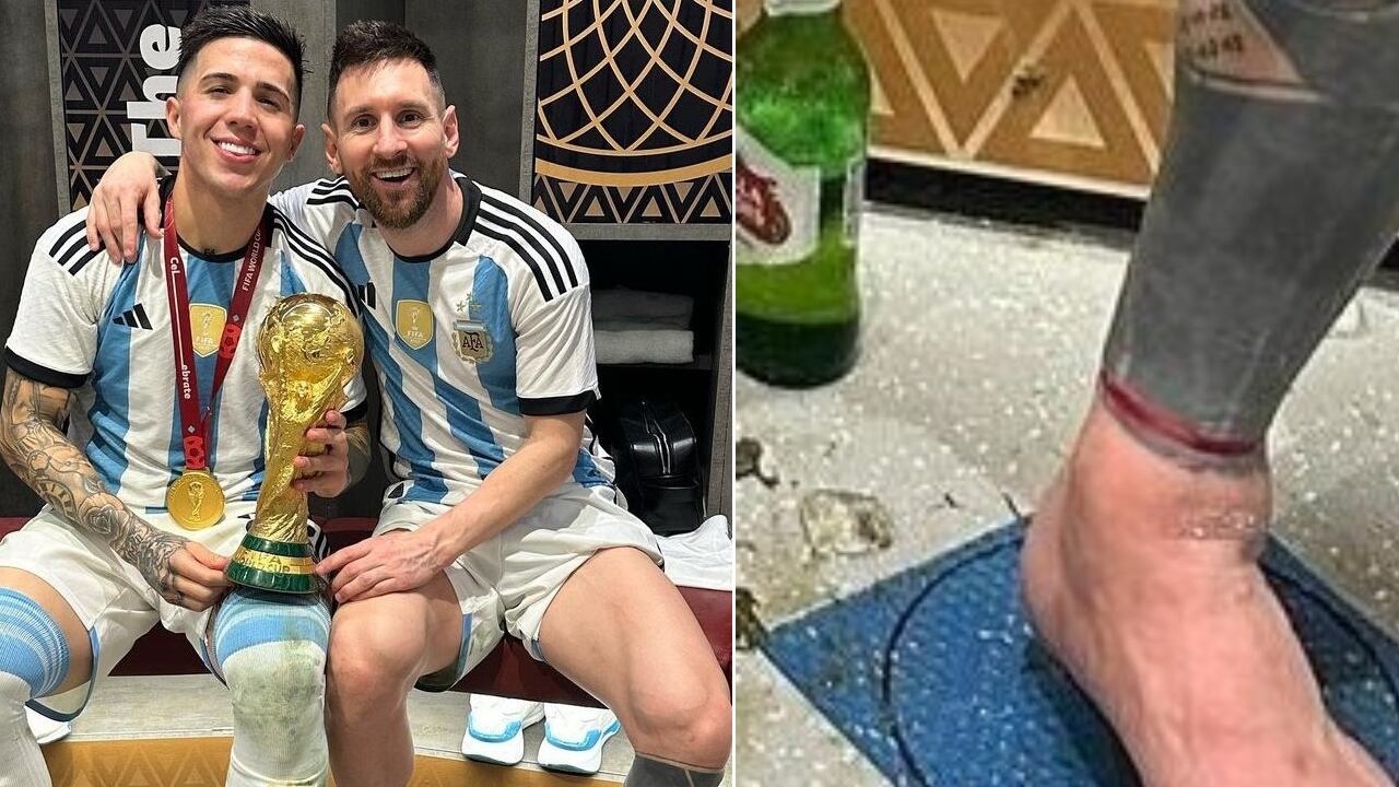 Messi junto a Enzo Fernández en el camerino del estadio de Lusail.