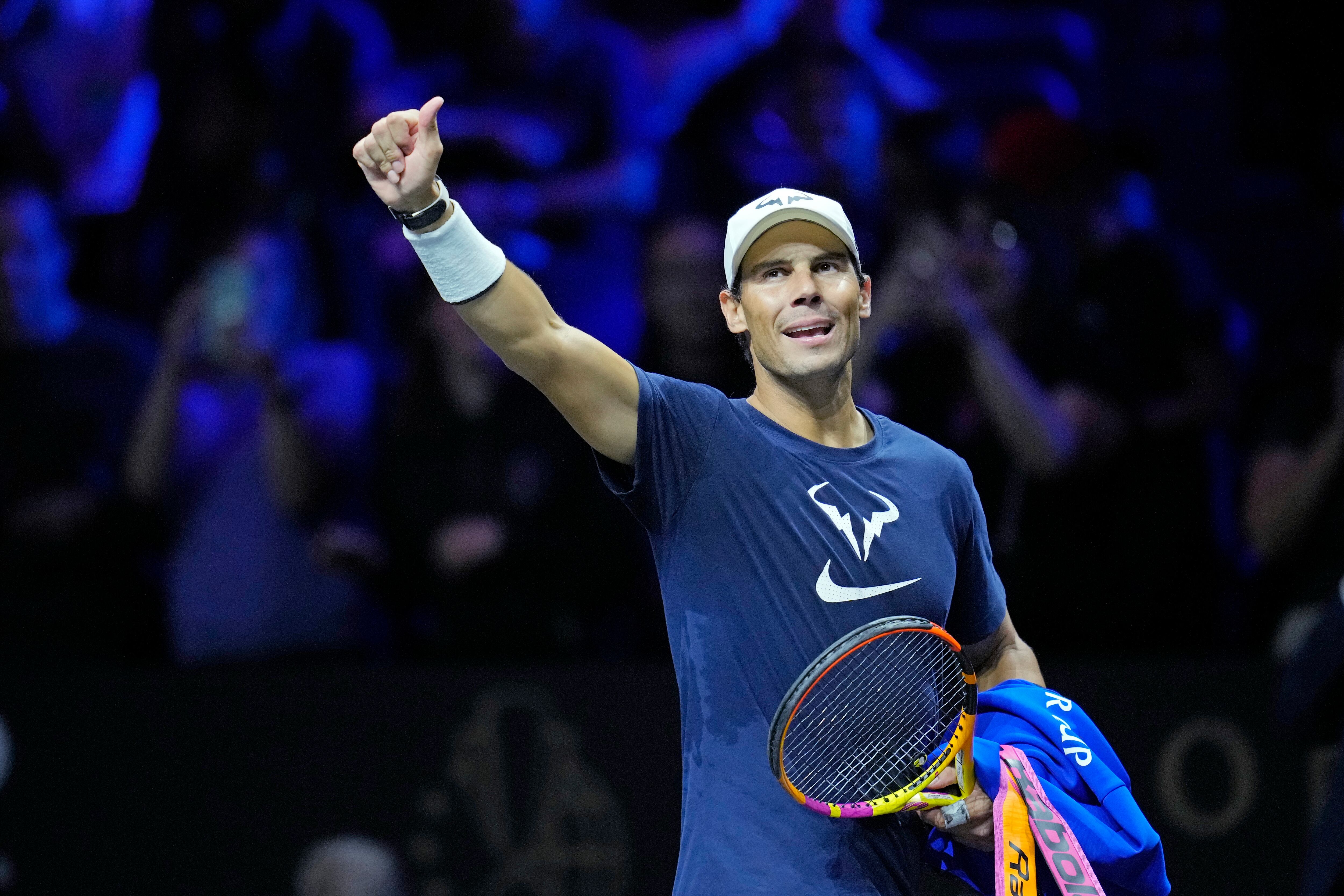 Spain's Rafael Nadal attends a training session ahead of the Laver Cup tennis tournament at the O2 in London, Thursday, Sept. 22, 2022. (AP Photo/Kin Cheung)