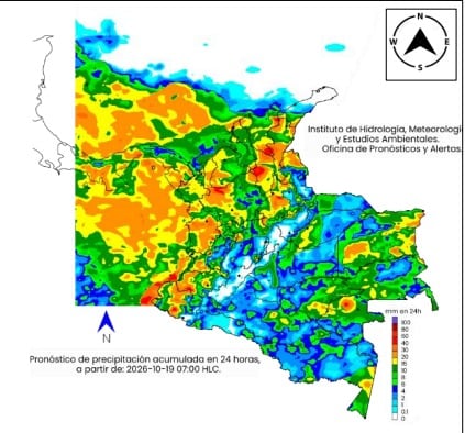 Mapa climatológico de Colombia para el lunes 19 de octubre.