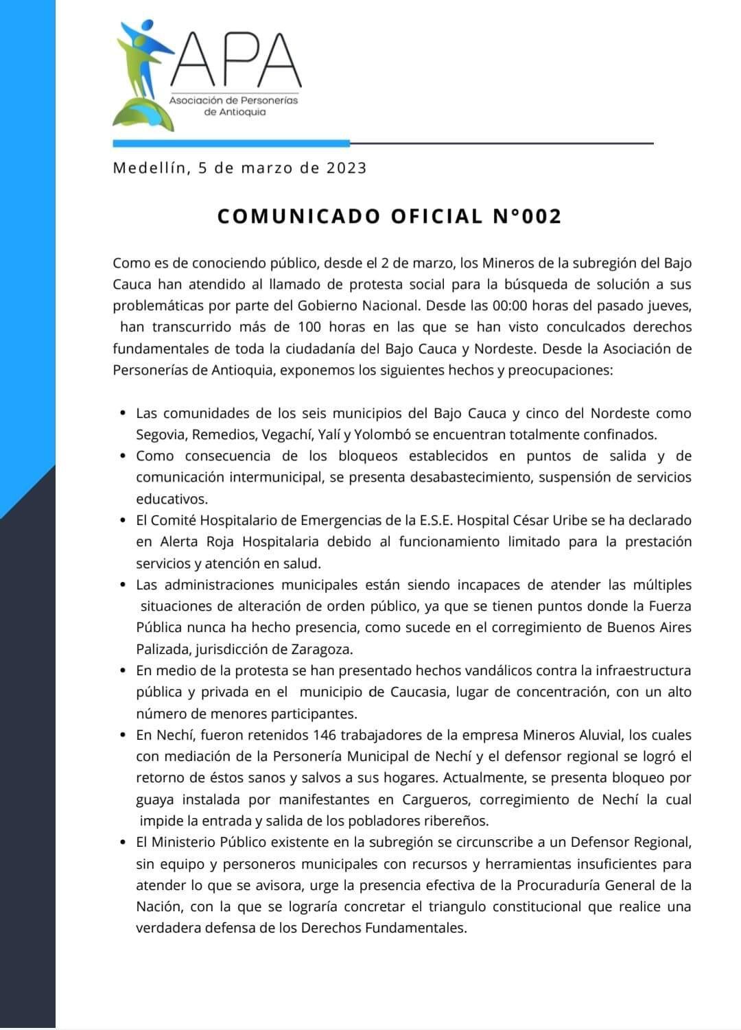 Asociación de Personeros de Antioquia emitió un comunicado.