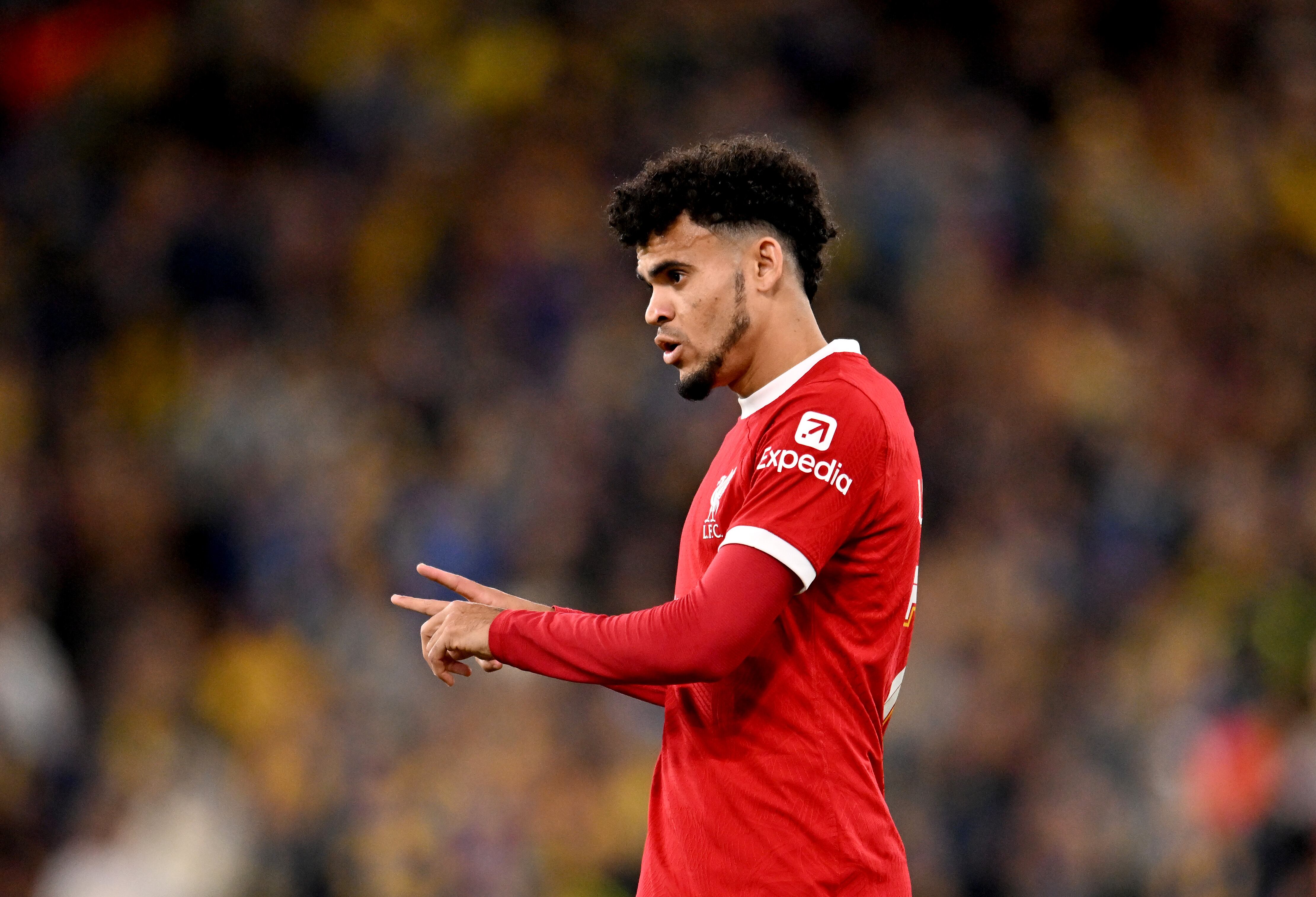 LIVERPOOL, ENGLAND - OCTOBER 05: (THE SUN OUT, THE SUN ON SUNDAY OUT) Luis Diaz of Liverpool during the Group E - UEFA Europa League match between Liverpool FC and R. Union Saint-Gilloise at Anfield on October 05, 2023 in Liverpool, England. (Photo by Andrew Powell/Liverpool FC via Getty Images)
