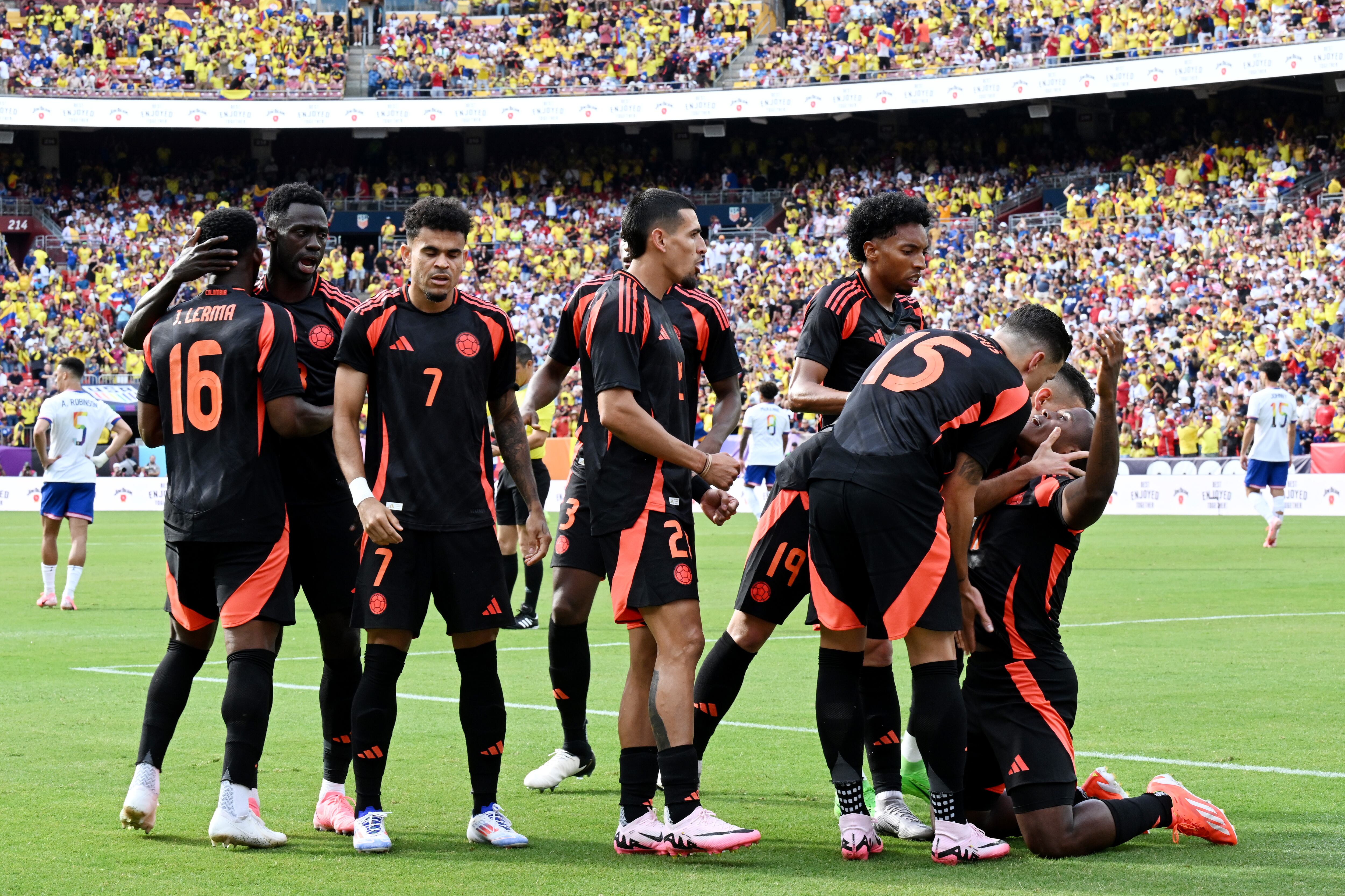 LANDOVER, MARYLAND - JUNE 08: Jhon Arias #11 of Colombia celebrates scoring during the first half against the United States at Commanders Field on June 08, 2024 in Landover, Maryland. (Photo by Greg Fiume/USSF/Getty Images for U