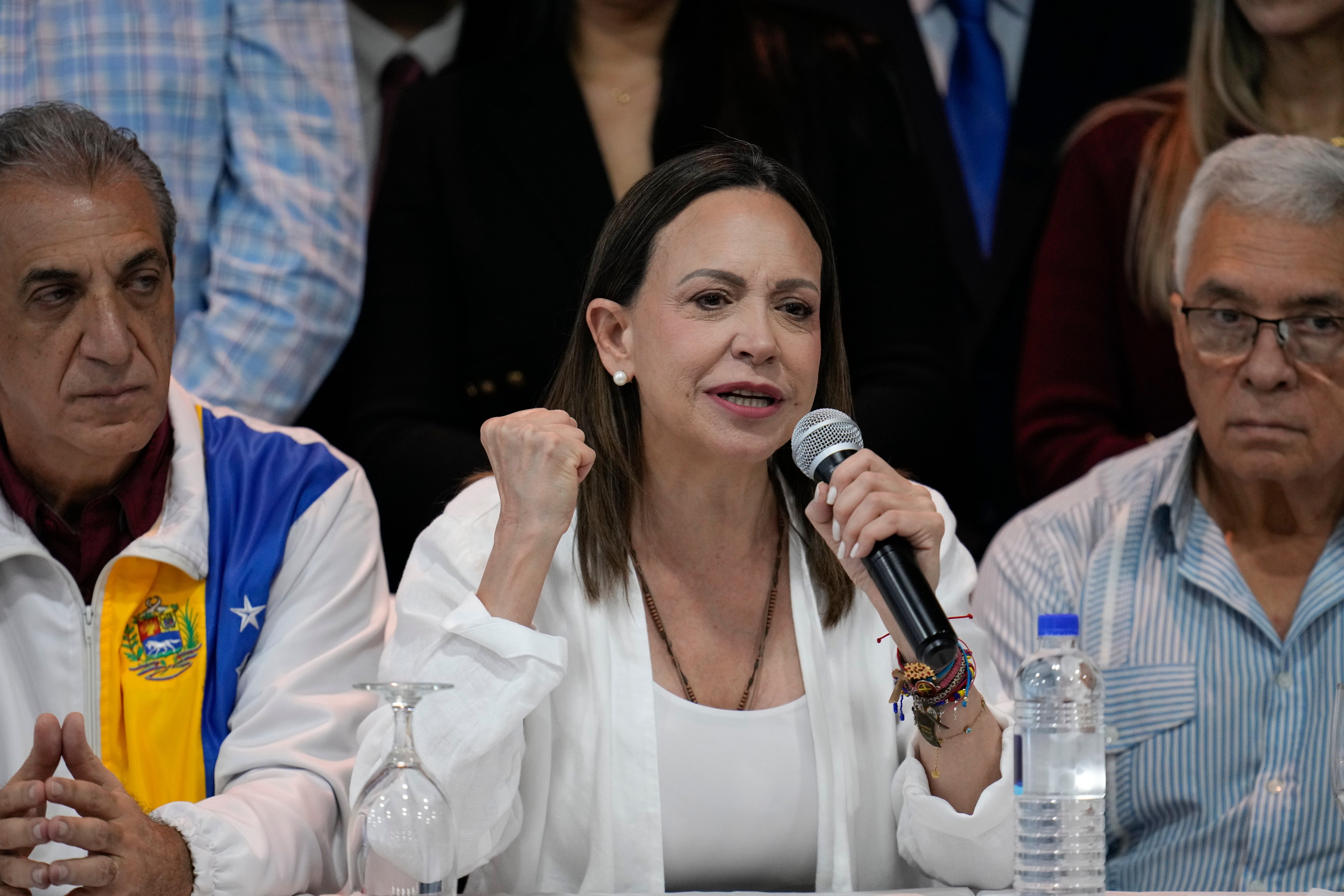 La líder de la oposición venezolana, María Corina Machado, durante una conferencia de prensa en Ciudad de Panamá.