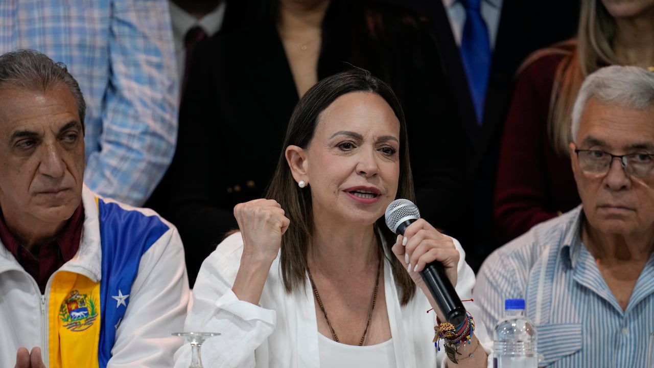 La líder de la oposición venezolana, María Corina Machado, durante una conferencia de prensa en Ciudad de Panamá.