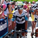 Ineos Grenadiers' Colombian rider Egan Bernal (R) and Movistar Team's Colombian rider Nairo Quintana react ahead of the start of the 20th stage of the 108th Giro d'Italia cycling race 205kms from Verres to Sestriere on May 31, 2025. (Photo by Luca Bettini / AFP)
