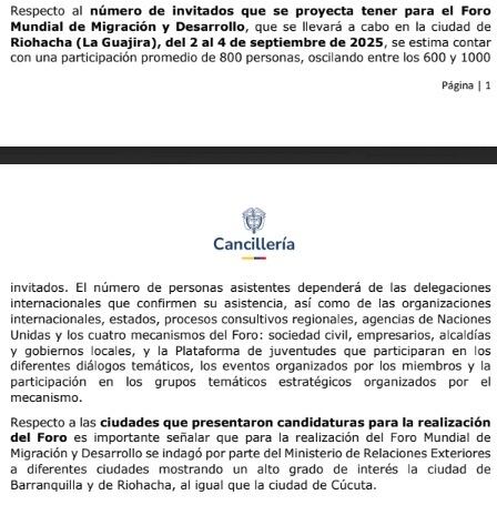 Este es el derecho de petición que le respondió la Cancillería a SEMANA confirmando que el Foro Mundial sobre Migración y Desarrollo recibiría a mil personas.