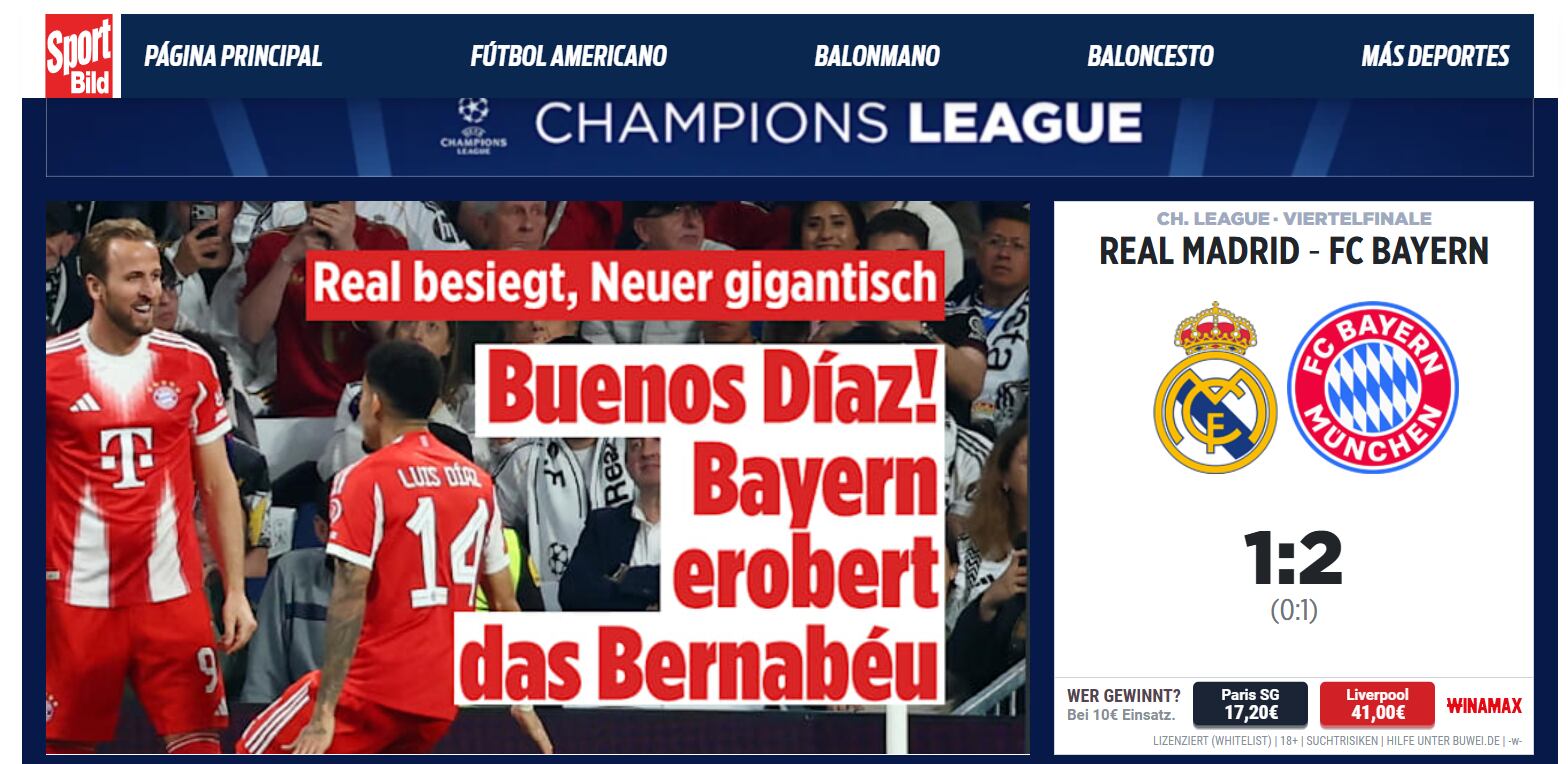 Portada de Sport Bild con guiño a Luis Díaz por su actuación ante Real Madrid en Champions.
