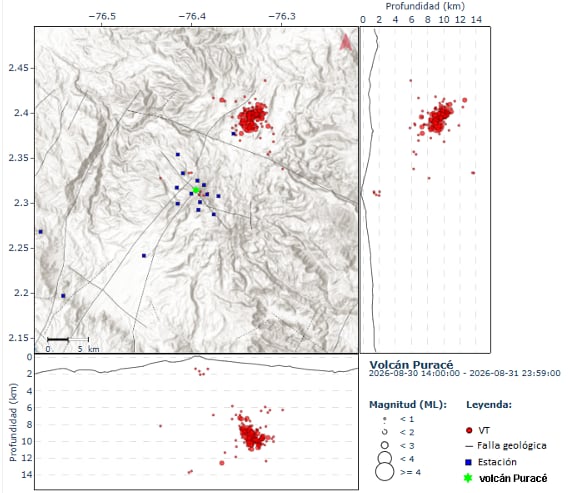 Los últimos movimientos registrados por el SGC quedaron plasmados en un mapa de la zona del Puracé.