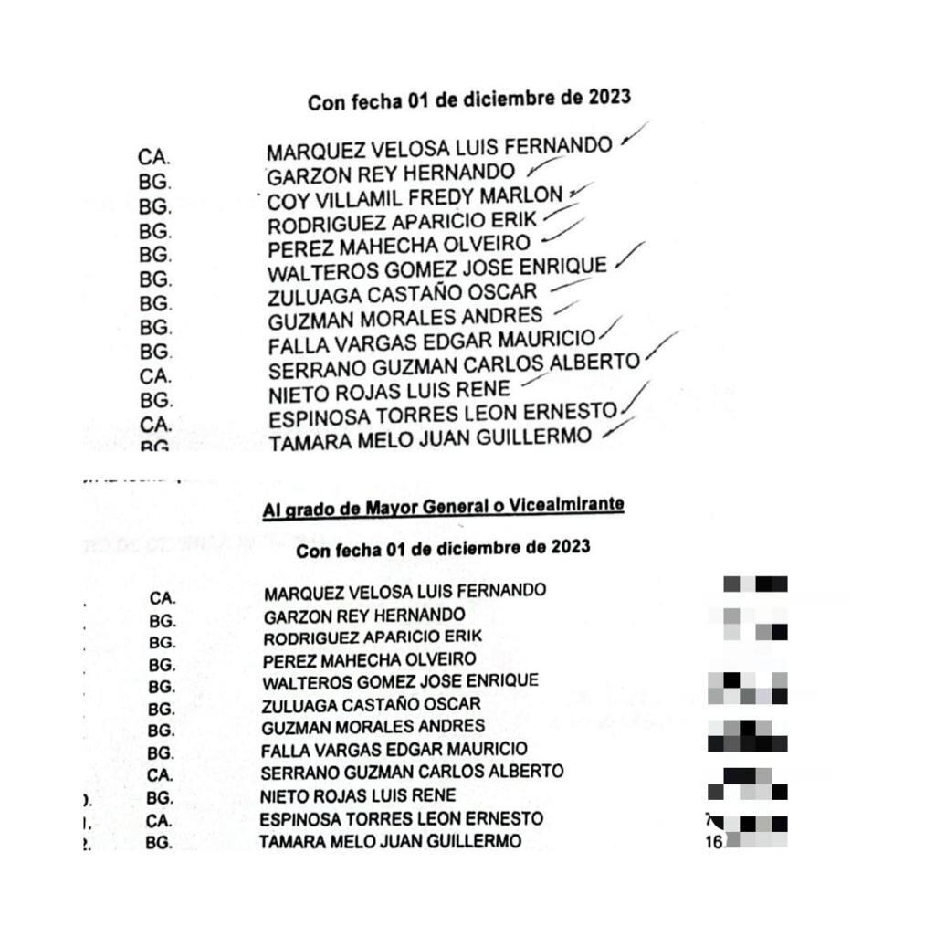 En el primer decreto del 30 de octubre, el Ministerio de Defensa autorizó el ascenso del general Fredy Coy, pero en el decreto del 10 de noviembre parte inferior ya no está su nombre.