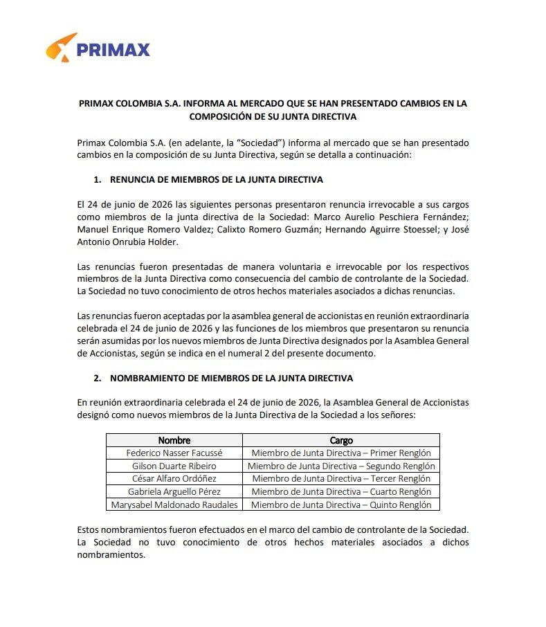 Cambios en la junta directiva de Primax.
