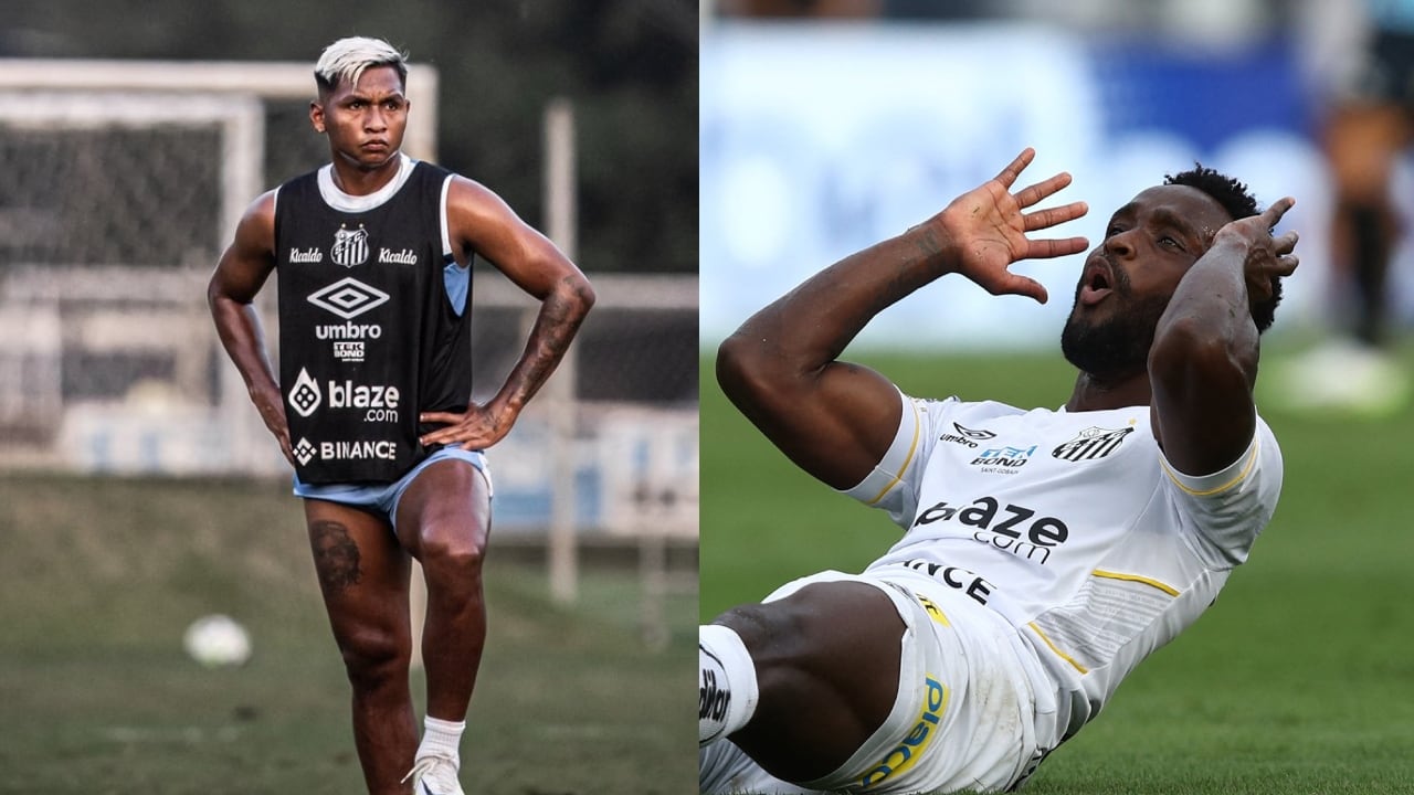 Alfredo Morelos y Stiven Mendoza en Santos de Brasil